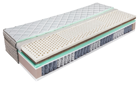 Vario Hybrid Nature Balance ízületvédő, pontrugalmas gumilatex és latexált kókusz fekvőfelületű topperrel (forgatható) egybeépített zónásított táskarugós matrac nedvesség- és hőszabályozó, hipoallergén huzatban